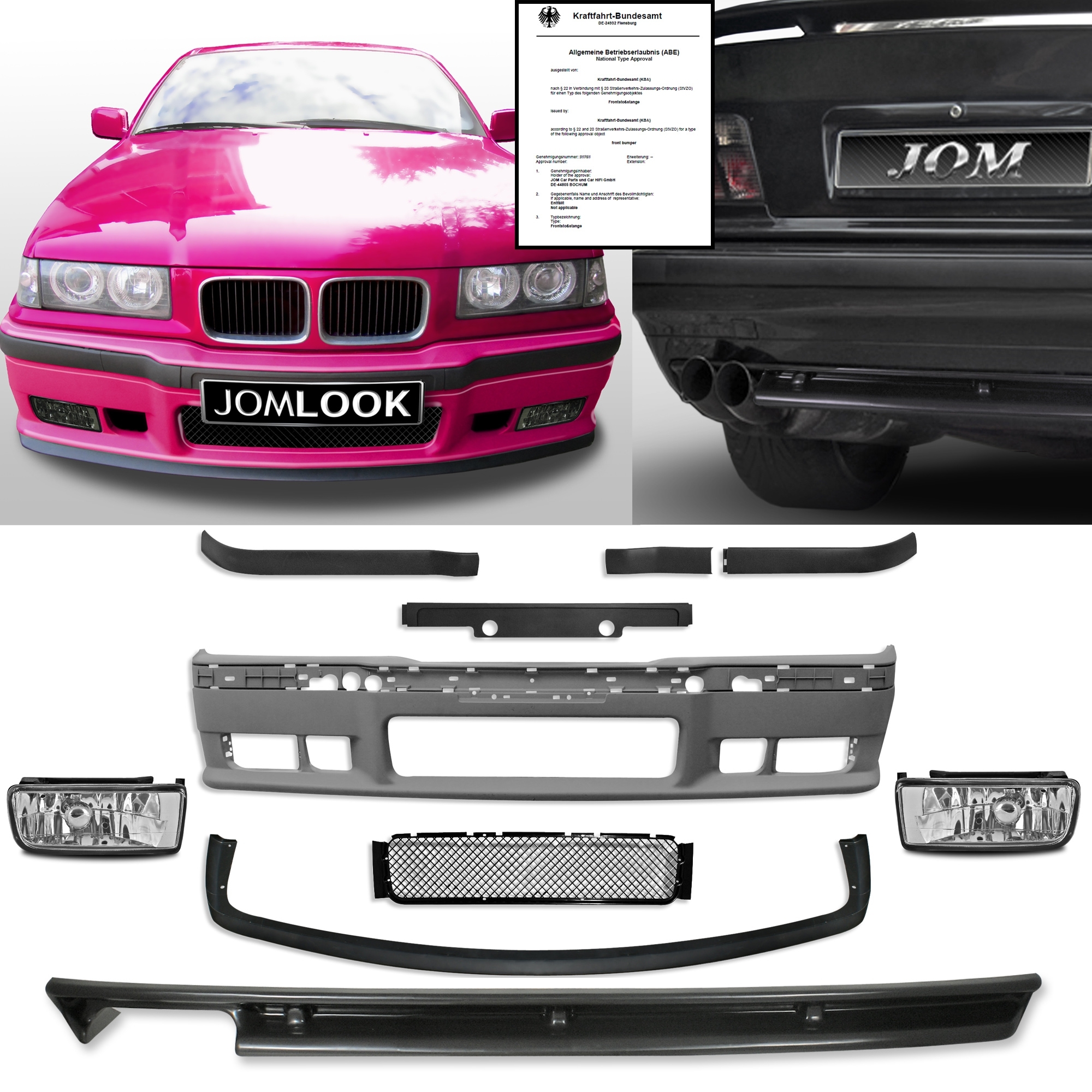 Jom Kofanger Kit Inkl. Klare Tågelygter & Hækskørte Til Bmw 3 Serie E36 Sedan, Coupé & Cabriolet